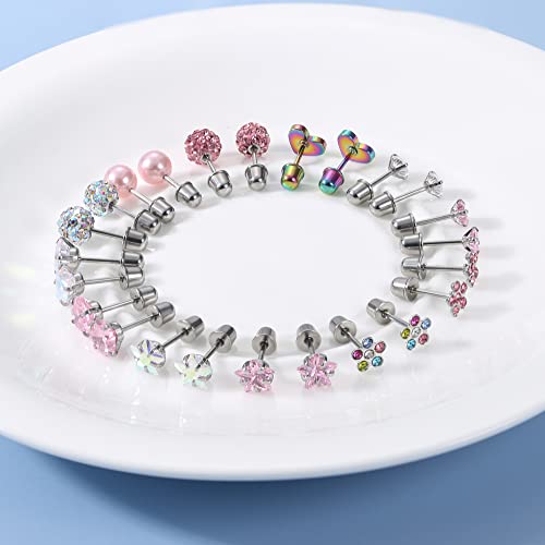 Besteel Hypoallergenic Screw Back Stud Earrings For Girls Women, Cz Ball Stainless Steel Stud Earrings Set, Cute Heart Pearl Flower Star Surgical Steel Screwback Earrings, 12 Pairs Mix #TOP4