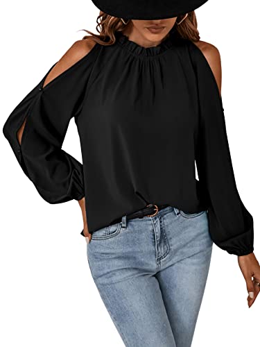 SweatyRocks Women's Casual Long Lantern Sleeve Cold Shoulder Top Cut Out Ruffle Trim Blouse3