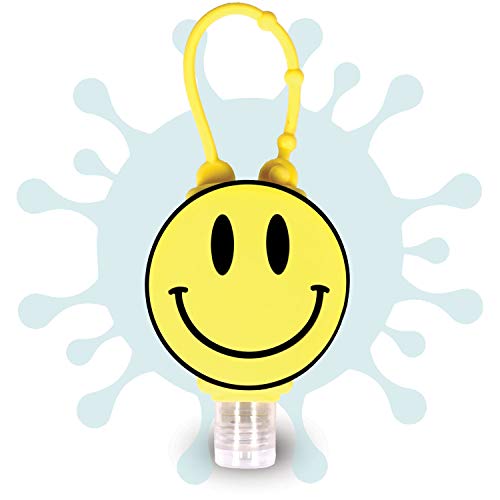 MY SAFELY Mini Kids Hände-Desinfektionsgel To Go Smiley + 1 Nachfüllflasche I 2 x 30 ml I Cooles Desinfektionsmittel für unterwegs im praktischen Silikonhalter I Vegan & OHNE Mikroplastik(Yellow) Cover