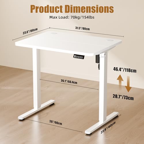Image of ERGOMAKER Electric Standing Desk 80x60cm (31 inchx23.6 inch), Height Adjustable Sit Stand Desk with Splice Board for Home Office, Computer Desk Memory Preset (White Frame + White Desktop)