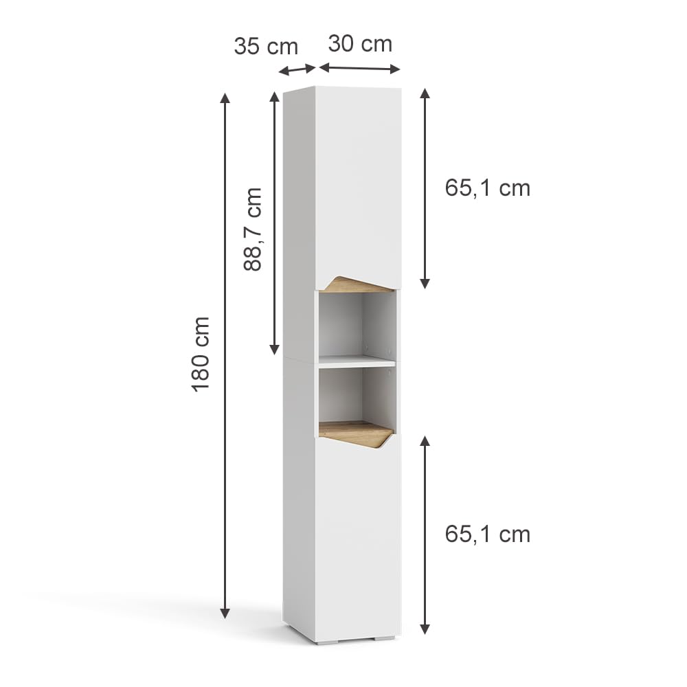 Vicco Armario de baño Marelle, Blanco/Artesano, 30 x 180 cm | con puertas y compartimentos abiertos, para guardar artículos de baño y toallas