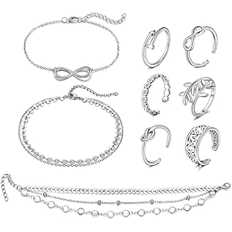 JFORYOU Toe Ring and Anklet Set For Women Open Adjustable Toe Rings Layered Bracelets Anklets Flower Arrow Leaf Band Ring Anklet Beach Foot Jewelry 9 Pcs Sliver Cover