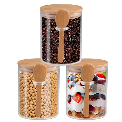 3 Pcs Glass Jars with Airtight Lid and Spoon, Overnight Oats Containers with Bamboo Lids, Glass Food Storage Canisters Yogurt Containers for Coffee Beans, Tea, Nuts, Candy, (20 Oz/600Ml)