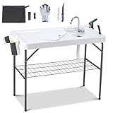 Dragosum Outdoor Sink Fish Cleaning Table Portable Camping Table with Faucet Hose Hook Up Grid Rack, Fish Fillet Camping Sink Table, Fish Cleaning Kit for Picnic Beach Patio