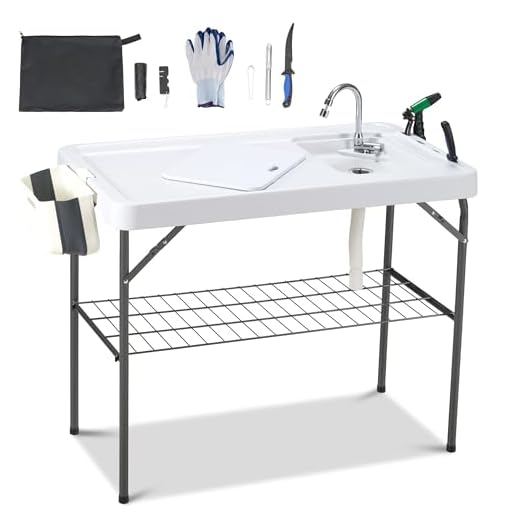 Dragosum Outdoor Sink Fish Cleaning Table Portable Camping Table with Faucet Hose Hook Up Grid Rack, Fish Fillet Camping Sink Table with 7pc Fish Cleaning Kit for Picnic Beach Patio
