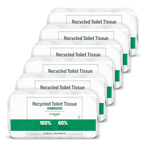 by Amazon Toilettenpapier, 3-lagig 100 % Recycelt, Weich und Stabil, 48 Rollen (8 Rollen, 6-er Pack), 200 Blätter pro Rolle, FSC-Zertifiziert