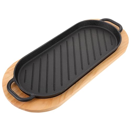 HOLIDYOYO Sartén de Hierro Fundido para Asar Bistec con Base de Madera Plancha Gruesa Antiadherente para Carne para Barbacoa y Cocina Casa Duradera y Práctica para Servir