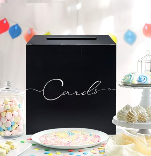 Image of HEIPINIUYE Large Card Box for Party 9.8 inch x 9.8 inch Black Gift Card Box Holder with Silver Foil Design for Wedding Birthday Baby Shower Graduation Retirement Party Raffle Box