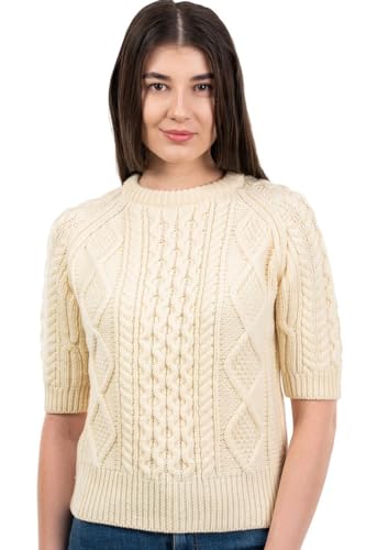 Traditional Irish Sweater for Ladies Short Sleeve Cable Knit - 100% Merino Wool