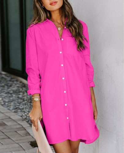 Image of Aoudery Womens Button Down Shirt Dresses with Pockets Cotton Button Up Tunics Long Sleeve Solid High Low Blouse Tops