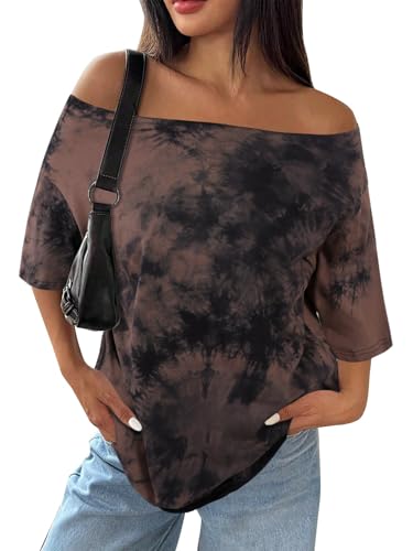 SOFIA'S CHOICE Women's Summer Off The Shoulder Tops Tie Dye Shirts Short Sleeve Oversized Tshirts