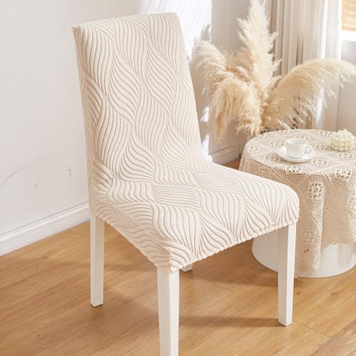 Image of HOMETHREADS Elastic Jacquard Chair Cover - Stretchable, Removable & Washable Short Dining Chair Slipcover | Durable Seat Protector for Kitchen, Dining Room & Banquet Chairs (Cream, Pack of 8)