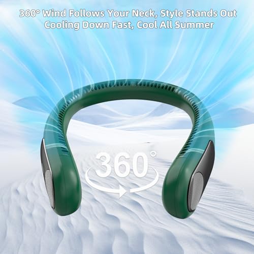 Image of Portable Neck Fan, Personal Wearable Bladeless Fan for Outdoor Indoor, LED Display, 360 Cooling, 4-Speeds, 6000mAh USB Rechargeable, Birthday Gifts for Men Women Dad Mom (Dark green)