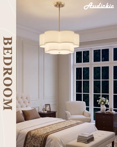 Image of 18 inch Gold Fabric Drum Chandelier, 3-Light Dining Room Light Fixture