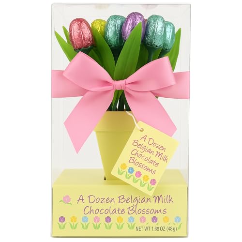 Needzo Belgian Milk Chocolate Candy Tulips Bouquet, Edible Spring Flowers Easter Basket Stuffer or Gift for Loved One (12)
