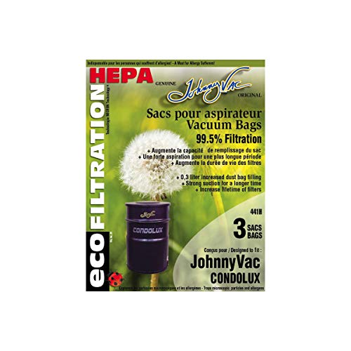 Johnny Vac 3-Pack HEPA Filtration Central Vacuum Bags for Condolux, 0.3L, Includes 3 Bags