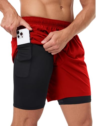 Naarts Mens 2 in 1 Athletic Running Shorts Quick Dry 5 Inch Lightweight Workout Gym Shorts with Liner and Pockets Red Medium