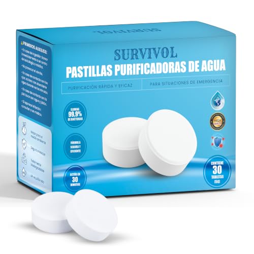 SURVIVOL Pastillas Purificadoras de Agua - Tabletas de Purificación 30 Unidades - Purificador de Agua para Autocaravanas, Senderismo, Barcos y Camper en Depósitos de Agua.
