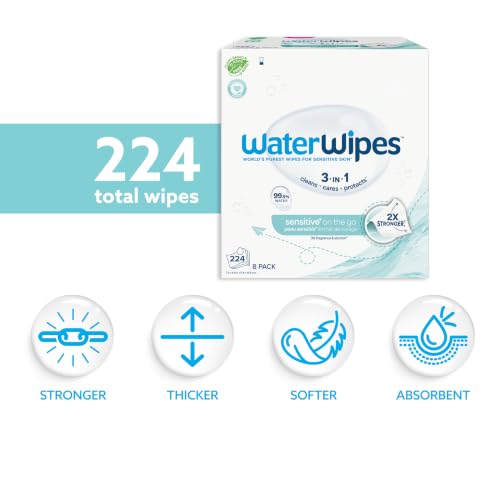 Image of WaterWipes Sensitive+ On The Go Wipes, 3-In-1 Cleans, Cares, Protects, 99.9% Water, Unscented & Hypoallergenic Wet Wipes, 224 Count (8 Packs)