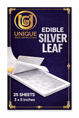 Image of UGLS Edible Silver Leaves 99.9% Pure (Chandi Ka Vark) Silver Leaf ( 25 Pcs ) for Edible Cake Toppers, Sweets Decoration (Mithai), Cake Decoration, Pooja & Jain Temple Use & Many More Uses | (3x5.in /80x130.mm)