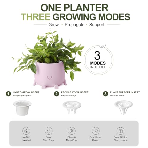 Image of TOPOLA 5.2 Inch Hydroponic Happy Face Planter with 3 Interchangeable Grow Baskets, Water Culture Pot for Pothos, Lucky Bamboo & Plant Propagation, Decorative Desktop Planter for Home & Office, Sakura
