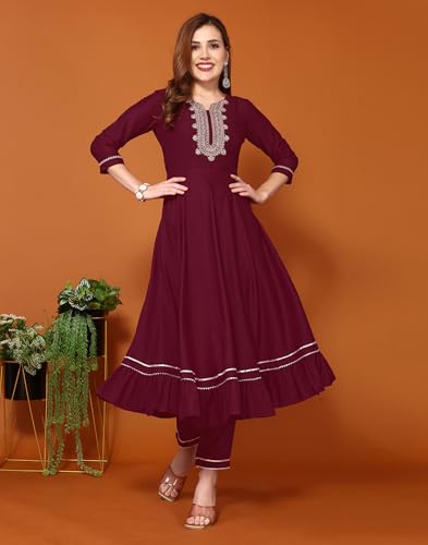 Image of SKYLEE Women's Printed & Gota Lace Cotton Silk Anarkali Kurta Set with Dupatta