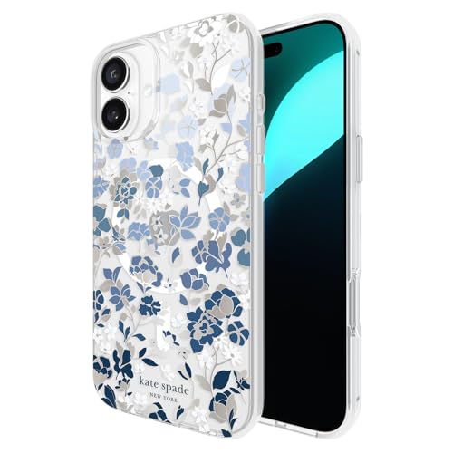 Coque iPhone 16 Plus Kate Spade Parterre de Fleurs et Pierres Bleues Compatible MagSafe