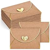 JOHOUSE 50PCS Mini Gift Card Envelopes, 4 x 2.8 Inch Brown Gift Card Holders with Gold Border & Heart Clasp, for Thank You Cards, Wedding, Christmas, Birthday, Business Cards