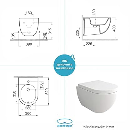Alpenberger Hänge WC Spülrandlos | Gäste WC Kloschüssel Keramik Toiletten | WC-Sitze Soft Close Toilettendeckel | Toilettenschüssel | Wand WC Set Passend Geberit WC mit Schallschutz Set – Bild 7