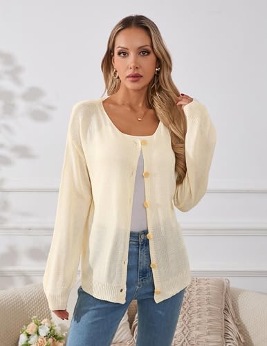 Image of Libsorge Womens Oversized Lightweight Sheer Button Cardigan Spring 2025 Trendy Solid Ribbed Knit Long Sleeve Thin Sweater