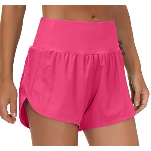 THE GYM PEOPLE Womens High Waisted Running Shorts Quick Dry Athletic Workout Shorts with Mesh Liner Zipper Pockets Bright Pink X-Small