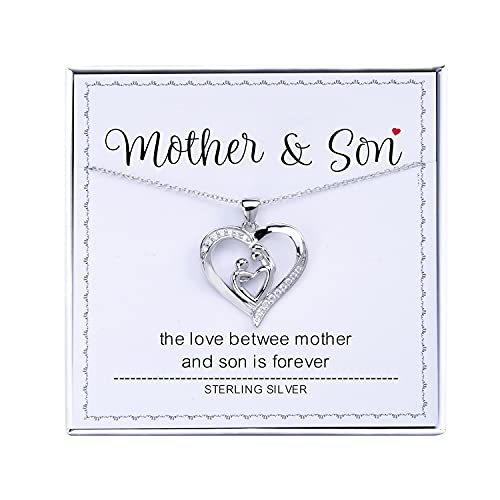 AmpleLove Mother Son Necklace, Sterling Silver Mother hugs baby Heart Necklace for Mother & Son, Mom Necklaces for Women, Birthday Gifts for Mom, Mother's Day Gift Ideas
