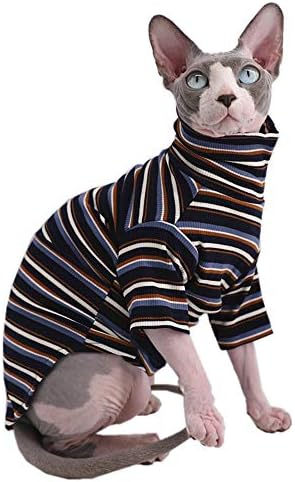 Vintage Stripes Sphynx Hairless Cat Cute Breathable Summer Cotton T-Shirts Pet Clothes,Round Collar Vest Kitten Shirts Sleeveless, Cats & Small Dogs Apparel (M (4-5.5 lbs), Vintage Deep Blue)
