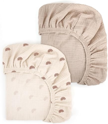 Sábana bajera ajustable de algodón de muselina, 80 x 40 cm, para cochecito de bebé, cuna y cuna auxiliar para niños y niñas, 2 unidades, arco iris