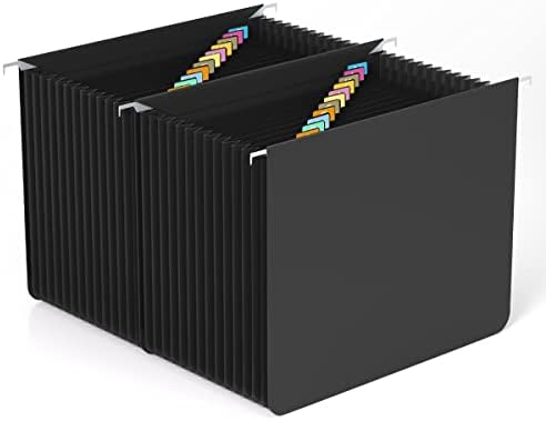 28 Pockets Hanging File Folders Letter Size,Plastic Accordian Hanging File Organizer,Expanding File Folders for Filing Cabinet,Large Capacity,Stable,Sturdy,Perfect Filing Box (Black)