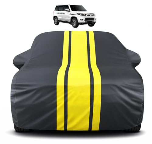 Image of Auto Hub Car Cover Compatible with Mahindra Bolero-neo with Mirror Pocket, Soft Cotton Lining, Bolero-neo Car Cover Waterproof - Yellow-Black