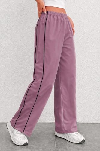 Image of Women Casual Loose Fit Track Pants High Waist Elastic Waistband Straight Wide Leg Trousers with Side Piping, Gym Yoga Running Athletic Sweatpants Comfortable