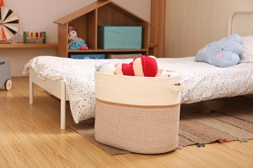 22"x14"x18" Rectangular Extra Large Storage Basket With Lid, Large Cotton Rope Storage Basket, Woven Laundry Hamper, Cloth Storage Bin, for Clothes Towels Blankets in Living Room, White/Camel Mix by Cottonphant - Image 5