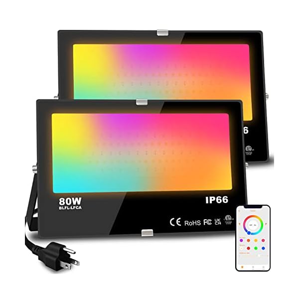 LED Flood Light Outdoor 800W Equivalent 8000LM Smart RGB Landscape Lighting with APP Control, DIY Scenes – Timing – Warm White 2700K – Color Changing Uplight, IP66 Waterproof US Plug MELPO(2Pack)