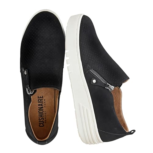 CUSHIONAIRE Platform Slip On Womens Sneakers, Casual Perforated Fashion Sneakers for Women with Supportive Comfort Design, Wide Widths Available, BLACK 11