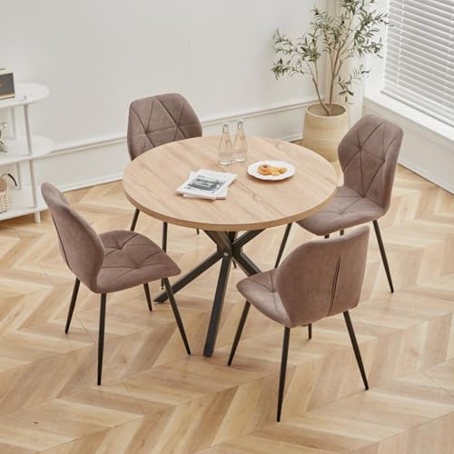 GrandCA HOME Set Tavolo e Sedie da Pranzo, Tavolo da Pranzo Rotondo da 100 CM e 4 Sedie Moderne in Lino, per Sala da Pranzo, Cucina, Soggiorno (Chiaro + Marrone)