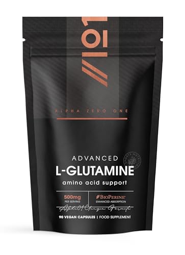 L-Glutamine 500mg with BioPerine® – 90 Vegan Capsules – Fermented Amino Acid Supplement - Resealable and Recyclable Pouch by Alpha01