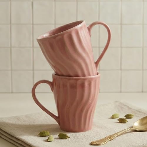 Image of The Earth Store Pink Artisan Wave Coffee Mug - 340ML Ceramic Coffee Mugs Set of 2 | Microwave & Dishwasher Safe Mugs for Gift | Home | Office | Restaurant | Daily Use Tea Mug