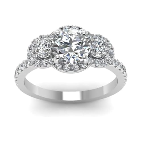 Image of 55Carat Choose Your Gemstone Delicate 3 Stone Halo Diamond CZ Ring Sterling Silver Round Shape Halo Engagement Rings Everyday Jewelry Wedding Jewelry Handmade Gifts for Wife US Size 4 to 12