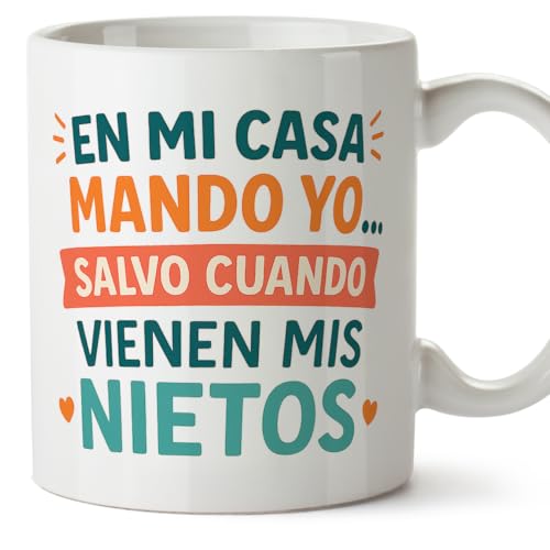 MUGFFINS tazas para abuelos y abuelas con frase | regalos para abuelos y abuelas divertidos| cumpleaños, navidad | En mi casa mando yo... salvo cuando vienen mis nietos en Español | Abuelitos-2 v2