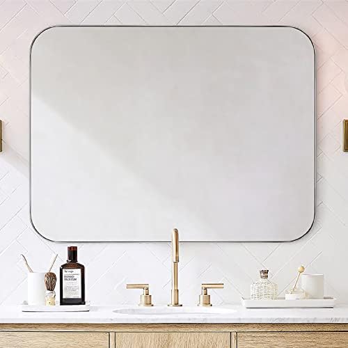 VANA NALA 30X40'' Brushed Nickel Rounded Rectangle Bathroom Vanity Wall Mirror Stainless Steel Metal Framed Rectangular Bathroom Mirror, Vertical and Horizontal Hanging