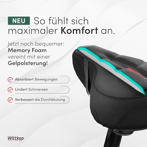 WITTKOP Fahrradsitzkissen mit Gelkissen & Memory-Schaum I Ergonomischer Fahrradsitzbezug für Damen und Herren mit 3-Zonen-Konzept I Bequemer Fahrradsattelbezug für Peloton & Fahrradsitz