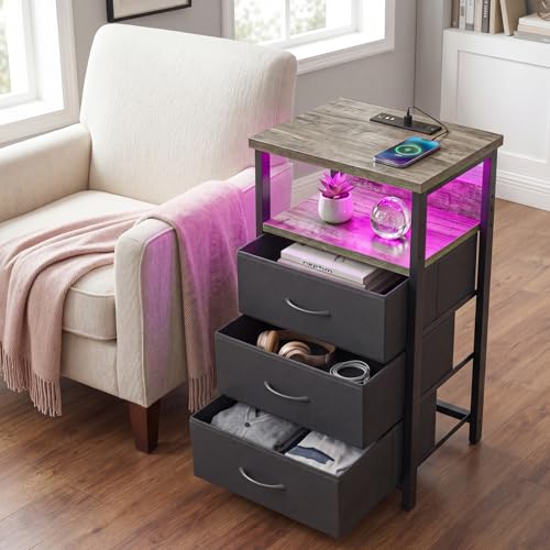 Image of Fixwal Night Stand with Charging Station, LED Nightstand with Fabric Drawers, End Table with PU Finish, Bed Side Table, French Oak