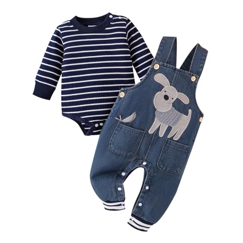 Image of Baby Boy Clothes Fall Winter Outfits Long Sleeve Striped Romper Cute Cartoon Jeans Overalls Pants Set 0-18 Months
