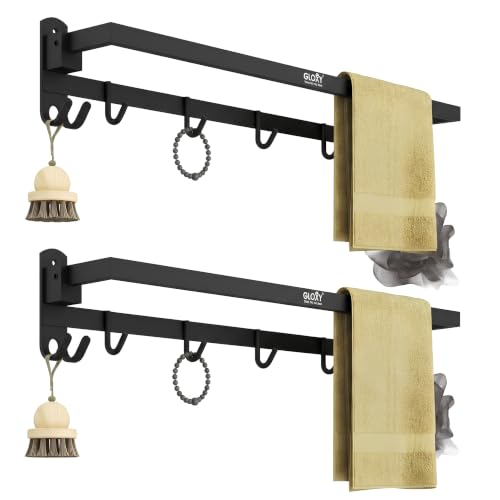 Image of Gloxy Premium 24 Inch Towel Holder in Bathroom with Hooks Combo Pack of 2 - Black Matte Finish Stainless Steel Towel Rod for Bathroom - Rust Resistant Bathroom Clothes Holder - Bathroom Accessory